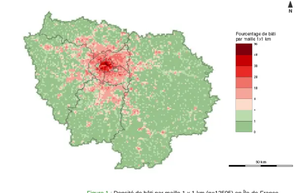 Figure 1 : Densité de bâti par maille 1 x 1 km (n=12505) en Île-de-France.  