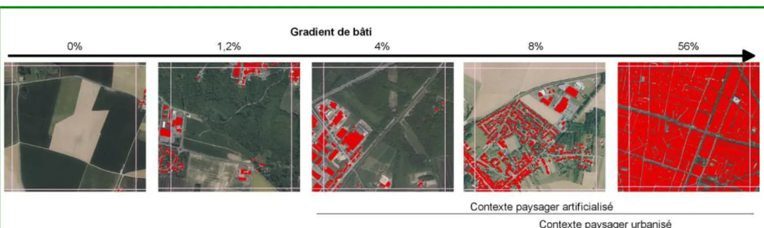 Figure 2 : Illustration du gradient de densité de bâti (en rouge) des mailles 1 x 1 km