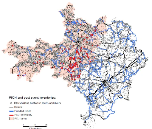 Figure 1. Données d’observations des coupures par inondation du réseau routier du Gard, regroupées dans le cadre du projet PrediFlood