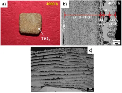 Figure I-14 : Oxydation catastrophique d'échantillons de Ti 3 AlC 2  oxydés sous air - a) et b) durant 4000 h à 1100°C d'après (X.