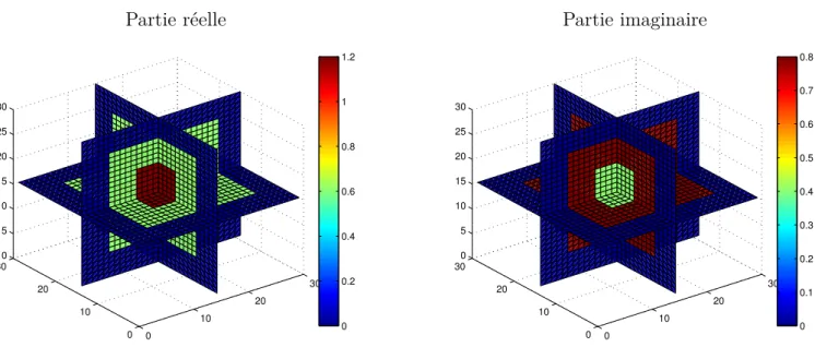 Figure 5.2 Représentation 3-D des parties réelle et imaginaire du contraste de l’objet simulé.