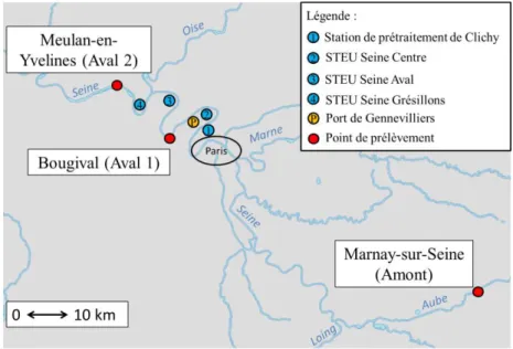 Figure 1 : Différents sites de prélèvements, principales stations d’épuration de l’agglomération parisienne et  port de Gennevilliers (fond de carte issu du site Géoportail) 