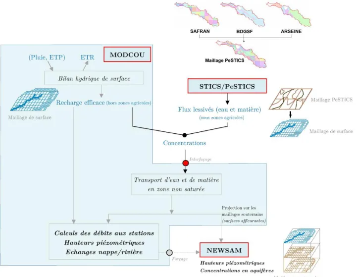 Figure 6. Schéma bilan simplifié illustrant les différents éléments constitutifs de la plateforme de  modélisation STICS-PeSTICS/MODCOU-NEWSAM 