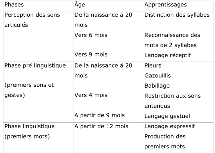 Tableau 4  :  Les étapes du développement du langage   d'après A. Florin  (2016) le développement du langage 