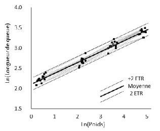 Figure 6 – Régression linéaire du ln(Longueur de queue) en fonction  du ln(Poids) pour les 12 porcs QE à tous les stades