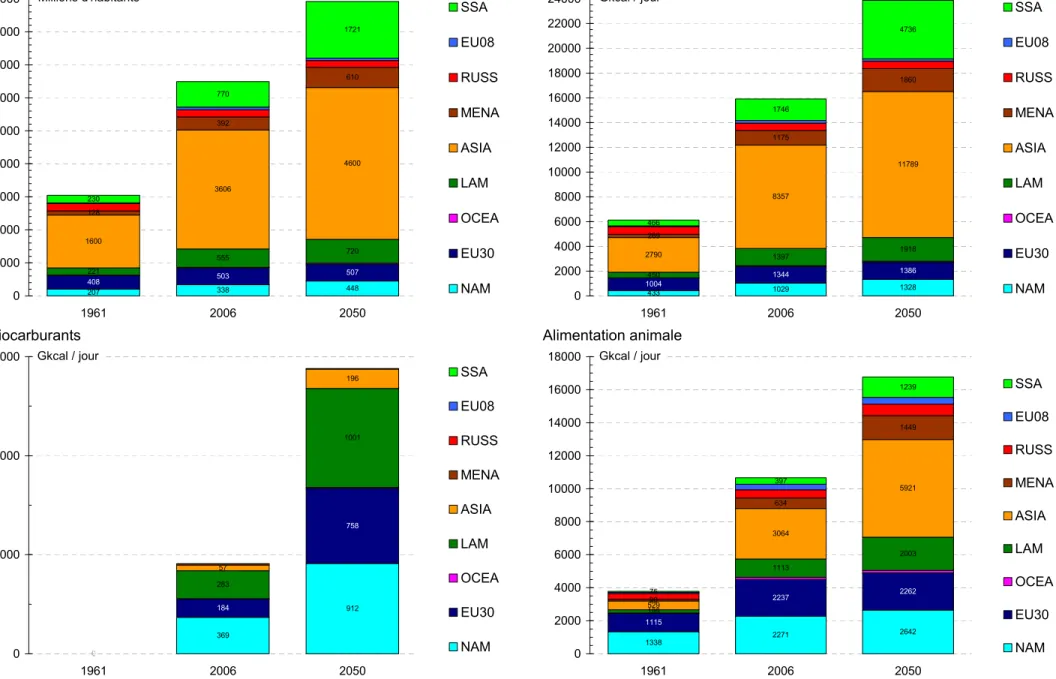 Figure 5. Populations et demandes régionales de calories alimentaires végétales (1961, 2006, 2050)  27 Populations 20733844840850350755572016003606460012839261023077017212210100020003000400050006000700080009000196120062050SSAEU08RUSSMENAASIALAMOCEAEU30NAMM