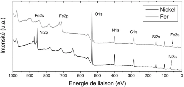 Figure 5  Spectres larges XPS des dépôts PVD de nickel et de fer réalisés in situ 