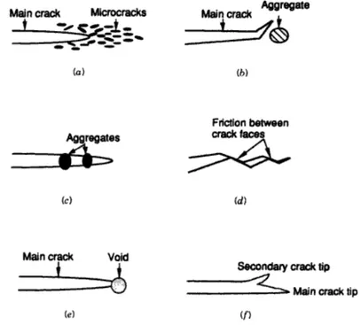 Figure 1.5 Toughening mechanisms in fracture process zone (a) crack shielding (b) crack deflection  (c) crack or aggregate bridging (d) crack interlock sue to surface roughness (e) crack tip blunted by 