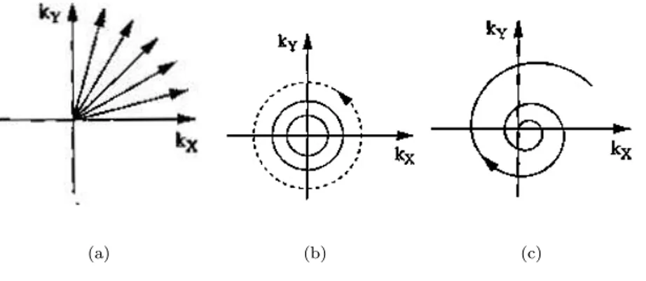 Fig. 1.12 – Balayage radiaux de l’espace r´eciproque (a) selon la direction de rayons, gradient r´eorient´e puis maintenu fixe, (b) selon des cercles concentriques, gradient variant de fa¸con sinuso¨ıdale et en quadrature , (c) selon des trajectoires spira