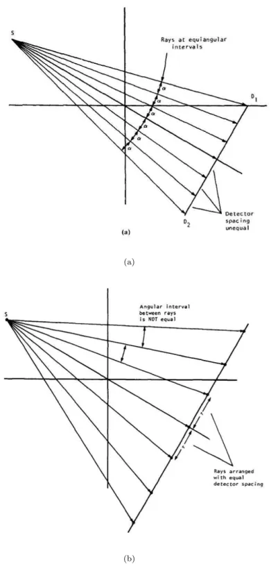 Fig. 2.2 – Exemples de projections en ´eventail : (a) l’angle entre les lignes int´egrales est constant mais les d´etecteurs ne sont pas ´equir´epartis, (b) les d´etecteurs sont ´equir´epartis mais l’angle entre chaque projection n’est plus constant [47, p