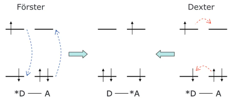 Fig. 1. 14. Representation of the frontier orbitals of the energy donor (D) and acceptor (A), and of the Förster and  Dexter energy transfer mechanisms