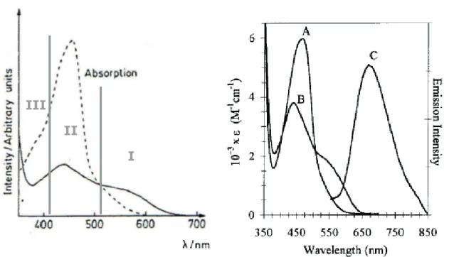 Fig. 1. 17. Left: Absorption spectra of [Cu(dmp) 2 ] +  (- - -) and [Cu(dpp) -2 ] +  ( ņ ), the bands I, II and III are indicated in  grey