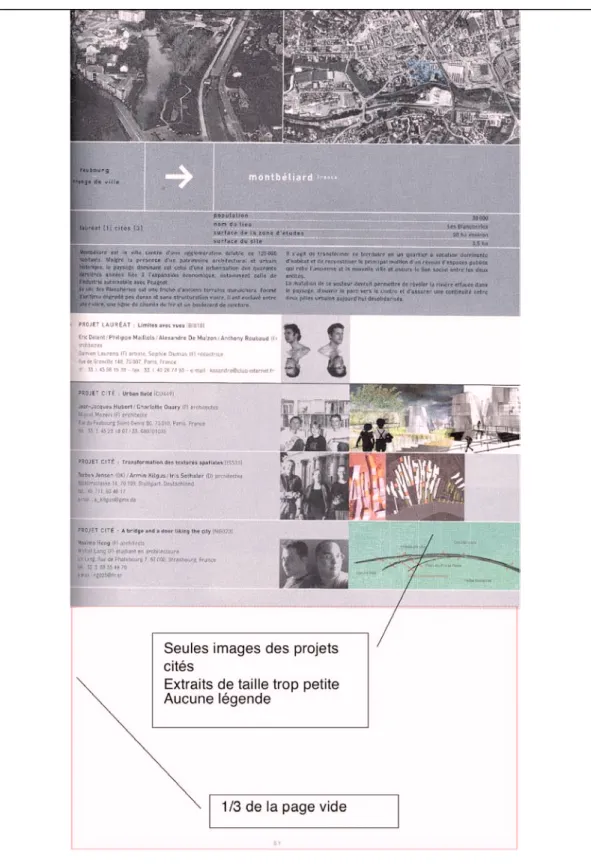 Figure 1-7 : annonce du projet lauréat et des projets cités sur le site de Montbéliard, France  (Source : Europan 6, catalogue au format papier des résultats européens