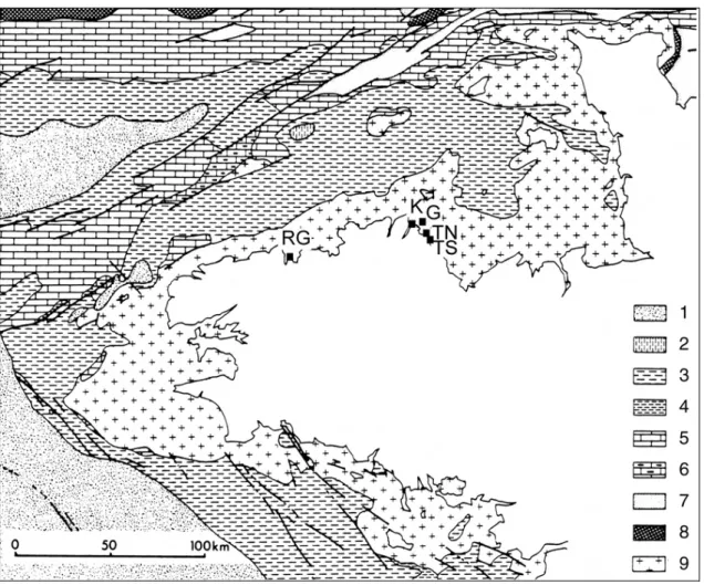Fig. 3 – Géologie du plateau continental du Massif armoricain avec localisation des sites étudiés  (d’après Monnier, 1980)