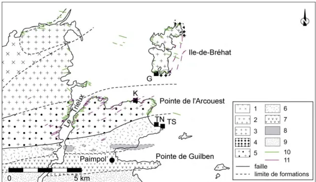 Fig. 4 – Carte géologique schématique du Trégor nord-oriental (modifié d'après Auvray et al.,  1976 et Auvray, 1979)