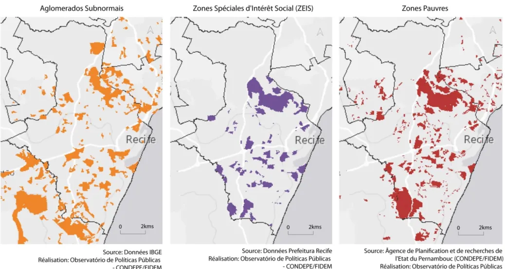 Figure 6. Délimitation des quartiers pauvres de Recife : les &#34;Aglomerados subnormais&#34;(2000), les &#34;ZEIS&#34;(1983) et les &#34;Zones Pauvres&#34;(2004) 