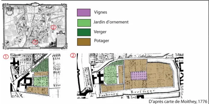 Figure 45 : Plantes vivrières et ornementales dans deux exemples de jardin  (Montage cartographique : Bodénan, 2014, d’après Moithey, 1776) 