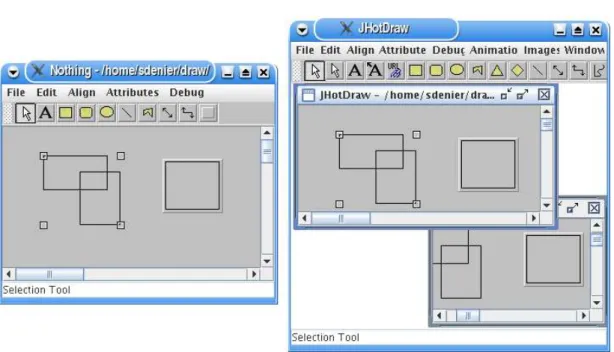Illustration 4.5 – Deux applications issues de JHotDraw : à gauche une version issue directement du noyau avec une seule vue par dessin ; à droite une version MDI avec plusieurs vues sur le même dessin.