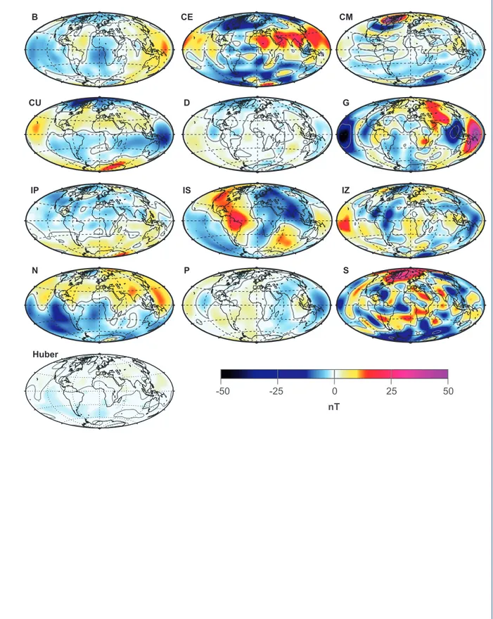 Figure 7 Differences (in nT) on the reference sphere r = a between the vertical field (B z ) of the IGRF-2020 candidates and the median model field values at 2020.0