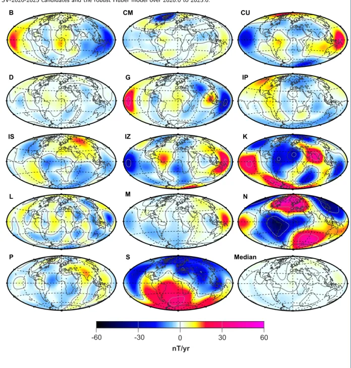 Figure 10 Annual average differences (in nT/yr) on the reference sphere r = a between the vertical field (dB z /dt) of the SV-2020-2025 candidates and the robust Huber model over 2020.0 to 2025.0.