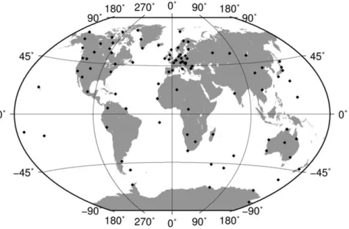 Fig. 2. The 96 geomagnetic observatories used to calculate the secular variation model series.