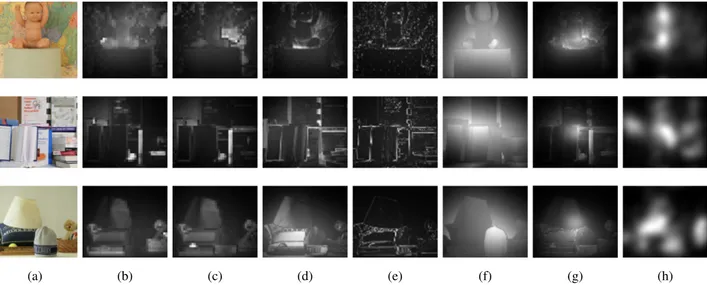 Fig. 5. Visual comparison of saliency estimation from different features: (a) input image; (b) color feature map from C b component; (c) color feature map from C r component; (d) luminance feature map; (e) texture feature map; (f) depth feature map; (g) fi