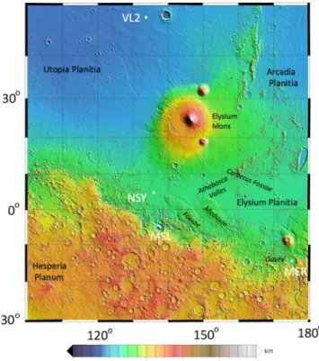 Fig. 1 Topographic map of the region around the InSight landing site. The map shows InSight (NSY) and major physiographic features as well as the landing sites of the Viking Lander 2 (VL2), Mars Science Laboratory (MSL) Curiosity in Gale crater, and the Ma