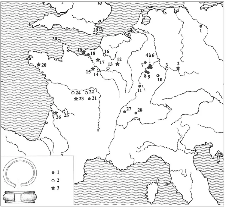 Figure 3 – Carte des bracelets du type de Vaudrevange (d’après Véber, Pernot, 2002, révisée et complétée)