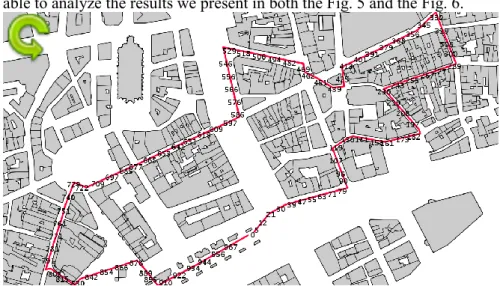 Fig. 4. Screenshot of both buildings and pedestrian pathway layers. As may be no- no-ticed, the continuous pathway is sampled into 983 punctual positions so as to let  us perform the isovists fields computations 