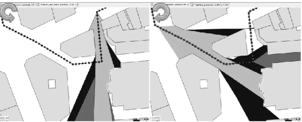 Fig. 10. The CCW oriented tour (on the left) gives the pedestrian the possibility to  see at most 50% of the front of this nice building