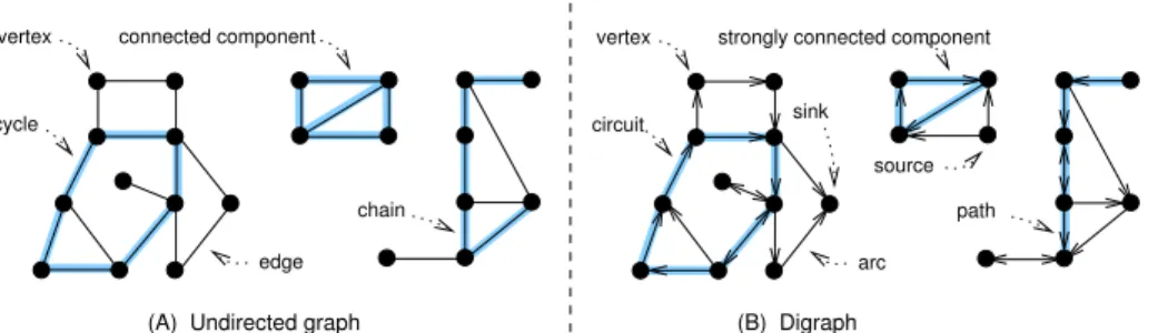 Figure 1.5: Graph terminology for an undirected graph and a digraph