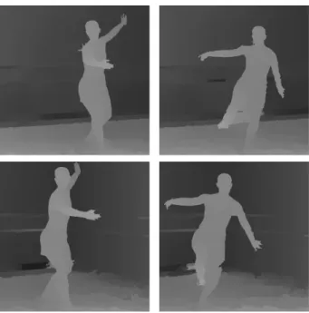 Figure 17: Depth images. Top line: view 1, T = 1 and T = 5; Bottom line: view 7, T = 1 and T = 5;