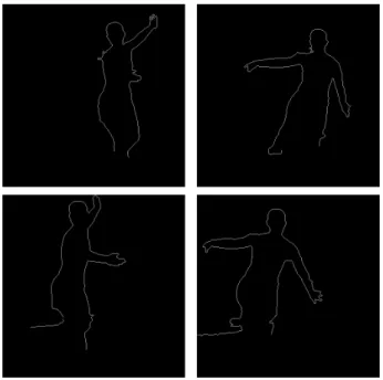 Figure 18: Contours extracted from the depth images. Top line: view 1, T = 1 and T = 5; Bottom line: view 7, T = 1 and T = 5;