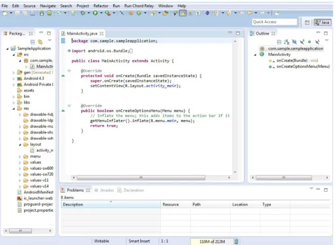 Figure 4.1: Eclipse user interface during the development of Android mobile App. Figure repro- repro-duced from [24].