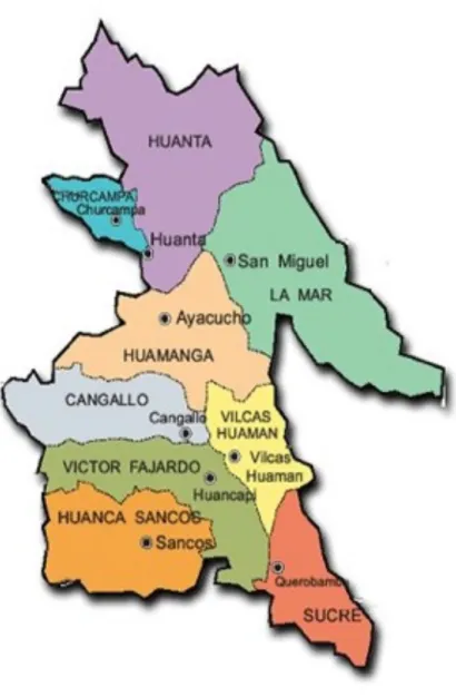 Figure 2 : Carte géographique des 9 provinces de la région d'Ayacucho  (source : site web de l’IEP) 