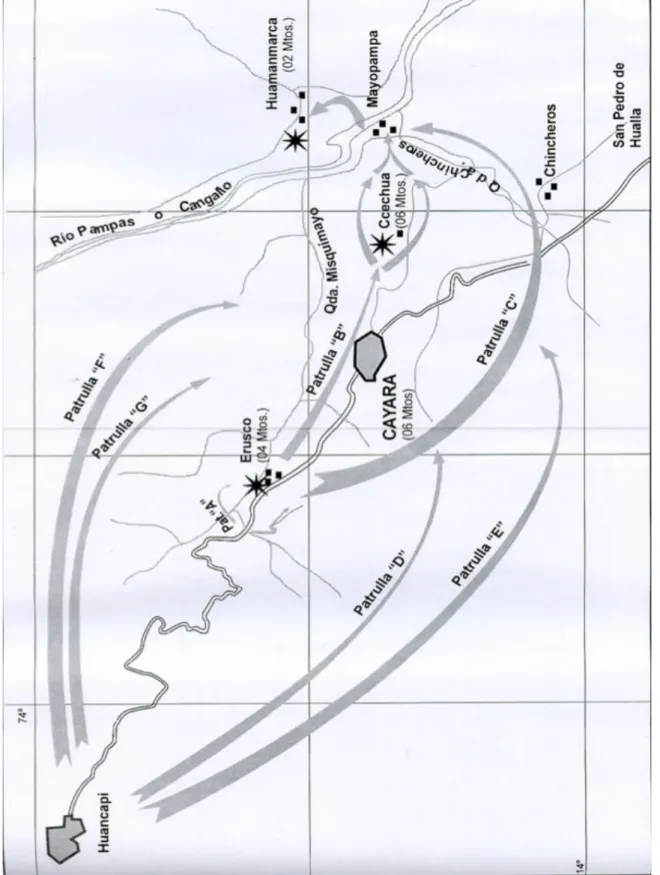 Figure 4 : Carte de la patrouille du massacre de Cayara, avec le positionnement des  patrouilles militaires 