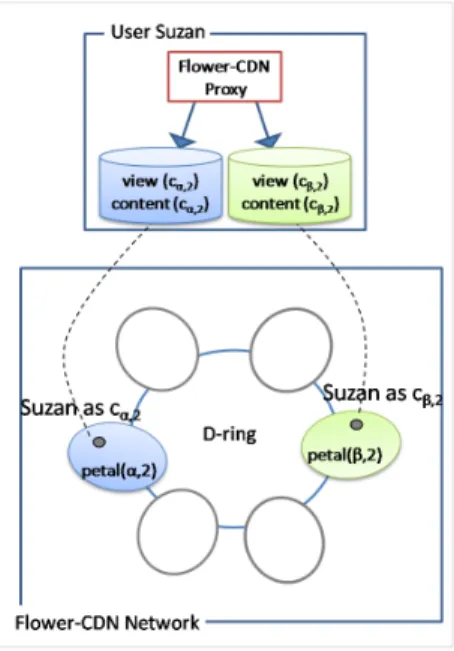 Figure 2: A user in Flower-CDN as two content peers related to two different websites.