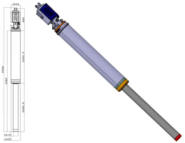 Figure 3-1 : Main dimensions of the MEGAPIE target and a complete view of the target  13/ 73 P&amp;T- FIKW-CT-2001-00159 MEGAPIE – TEST  (PU)  - D13 