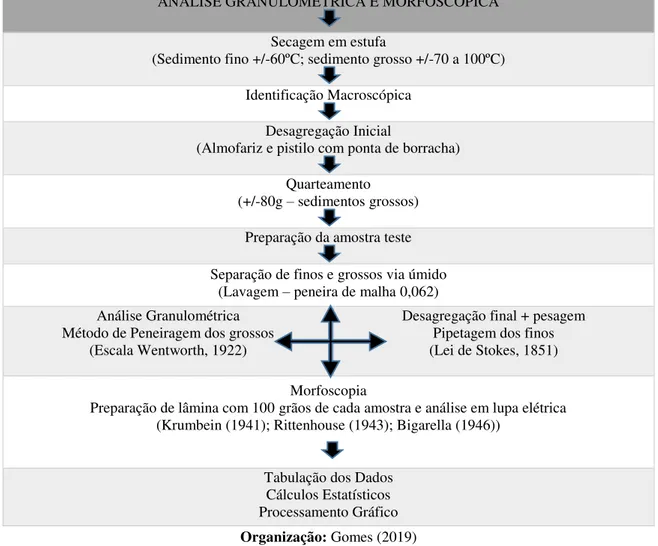 Figura 8: Organograma do processamento das amostras em laboratório – Granulometria e Morfoscopia  ANÁLISE GRANULOMÉTRICA E MORFOSCÓPICA 