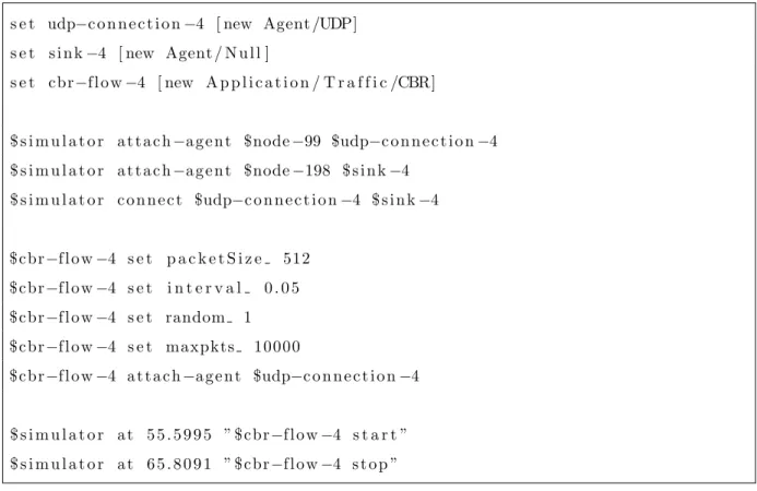 Tab. 3.1 – Param´etrage en Tcl d’un flux CBR sur UDP