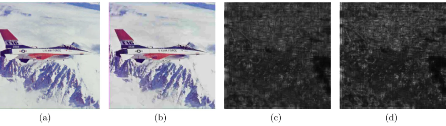 Figure 2.24 – (a) est l’image Avion, (b) est une version de l’image Avion compress´ee avec JPEG, (c) et (d) sont les cartes d’erreurs perceptuelles issues du mod`ele WQA respectivement sans et avec la branche structurelle.