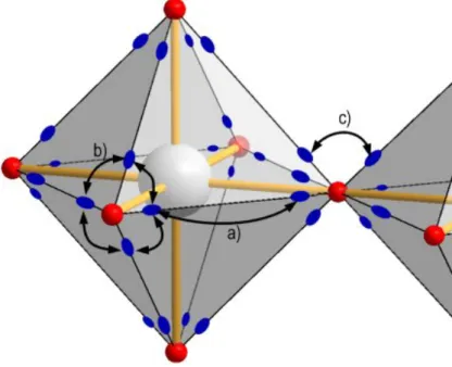 Figure 2.3: The 24 total proton sites at each octahedra which are linked by stretch-hop (a) along the edges), rotations (b) around the summits) and flips (c) changing the octahedron)