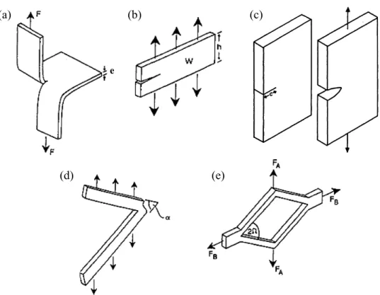 Figure 2.2 – Diﬀérentes géométries d’éprouvettes utilisées pour les essais de fracture dans les élastomères, d’après Lake (1995) : (a) Eprouvette « Pantalon » ou « Trousers » en anglais, (b) Eprouvette « Pure Shear », (c) Eprouvette « Lanière », (d) Eprouv