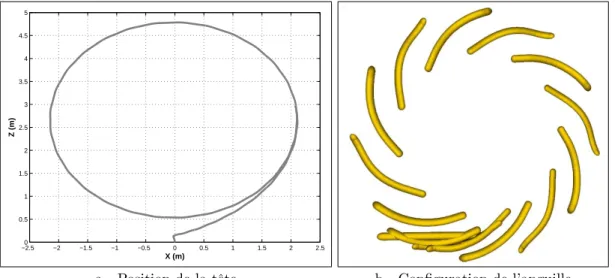 Figure 2.20: – Trajectoire de la tête de l’anguille dans le plan x w -z w du repère fixe et configuration de l’anguille toutes les 6 secondes