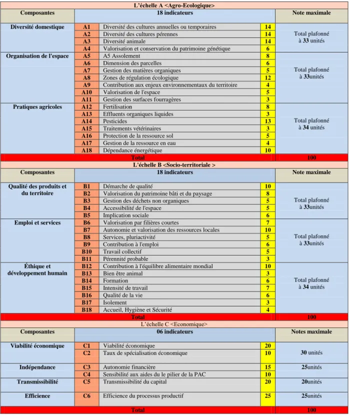 Tableau 4 : Valeur des indicateurs de durabilité de l’exploitation  Méthode IDEA Version 3 (2008) 