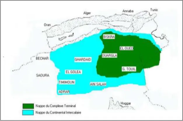 Figure 5 : La situation hydrogéologique des aquifères d’El Oued (A.N.R.H., 2009)  II.6