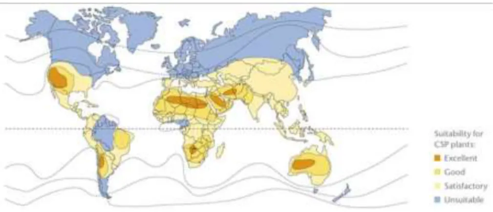 Figure I.  4 : Carte des zones appropriées pour la concentration des auges solaires  paraboliques [39]