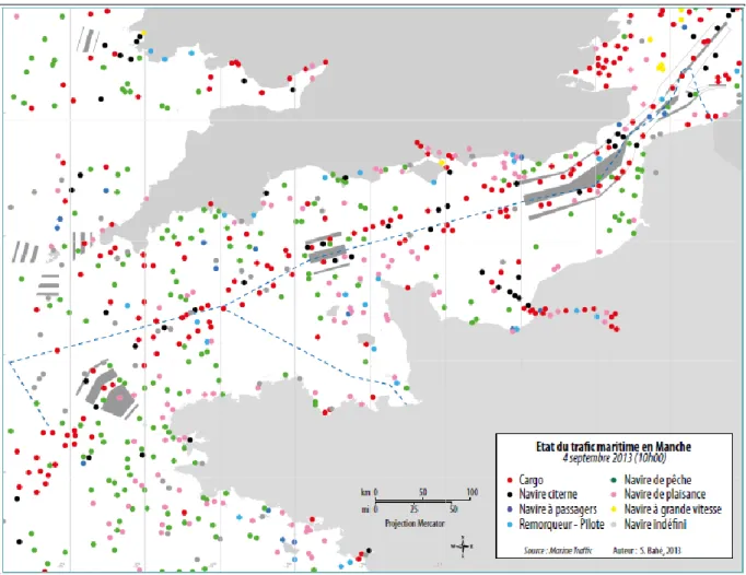 Figure 4 : Etat du trafic maritime en Manche le 4 septembre 2013 (Bahé, 2013) 