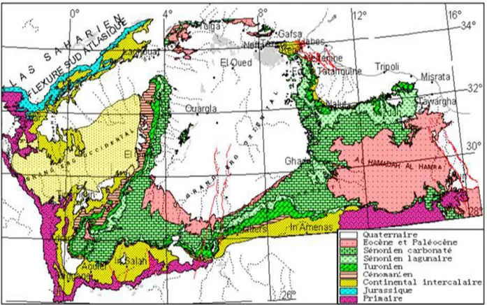 Fig. I.3 : Carte géologique du Grand Erg Oriental, (Baba, 2005)  I.4.1.2. Formations de l’ère Tertiaire : 