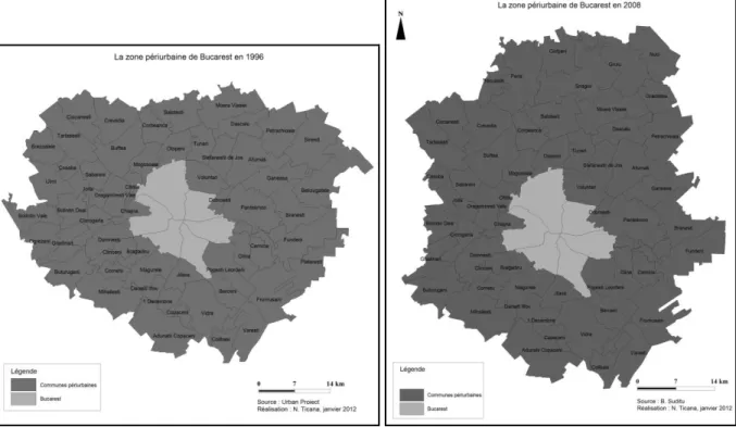 Figure n° 15, Figure n° 16 : Délimitation de la zone périurbaine de Bucarest en 1996 et en 2008 